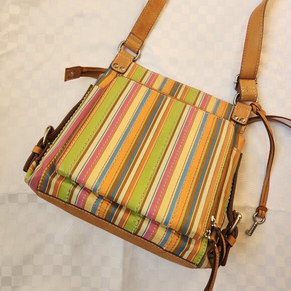 Fossil 100% Leather Beige/ Multicolor Strips Crossbody Bag - Picture 10 of 16